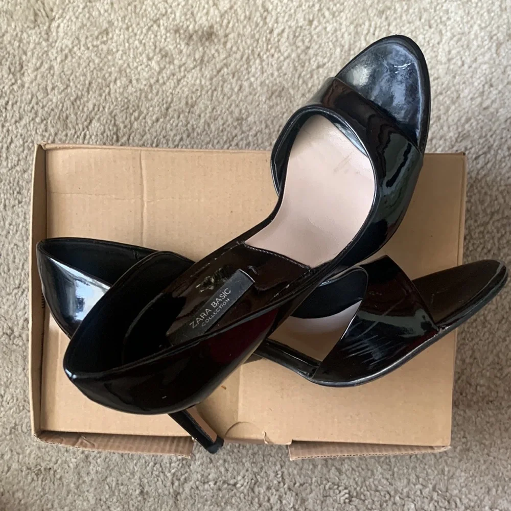 Zara Black Patent Leather Open-Toe Stiletto Heels